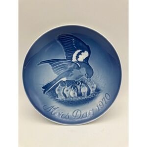 VTG  Copenhagen‎ B&G Porcelain Mothers Day Plate 1970 Cobalt Blue Bird & Babies